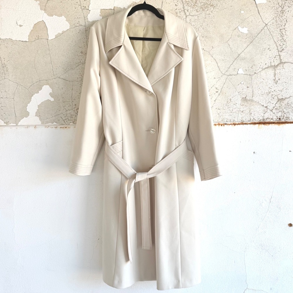Vintage Trench Coat Belted Long Jacket Overcoat Light Beige Minimalist Women L
